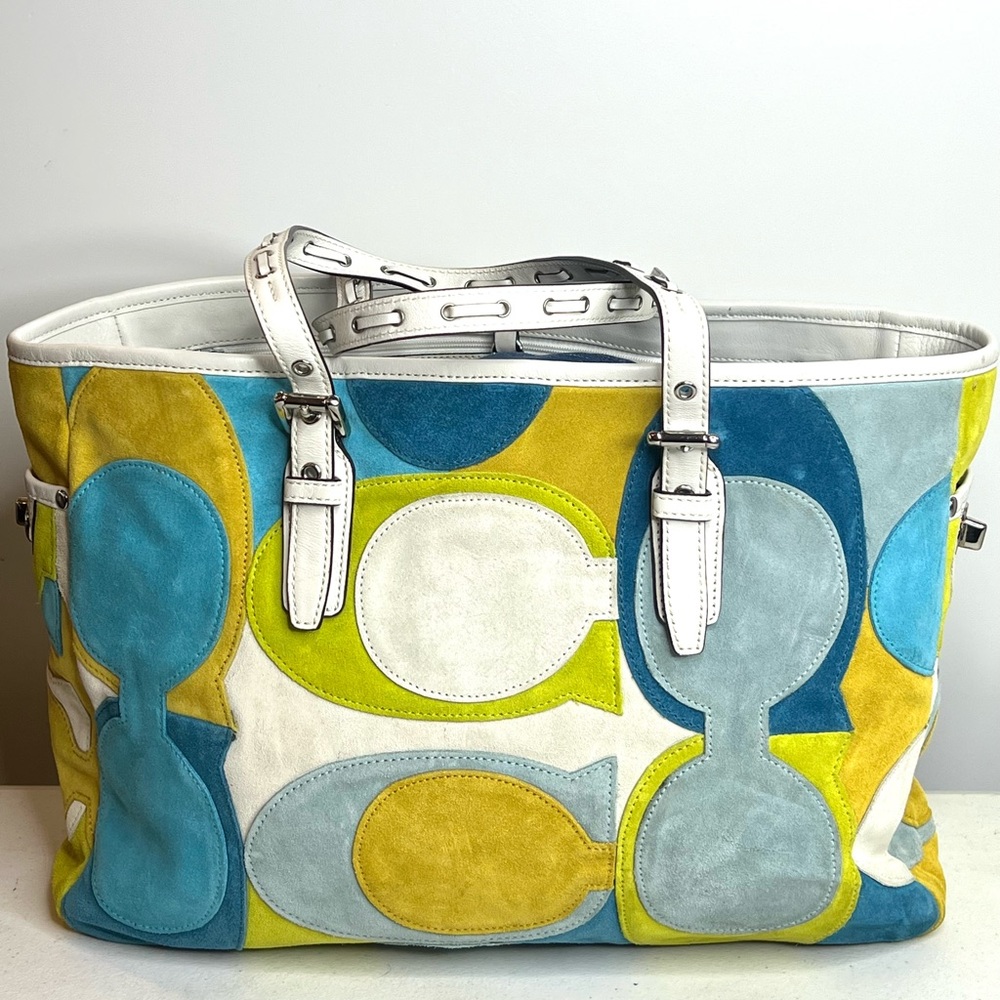 Coach White and Lime Suede Leather Tote Bag